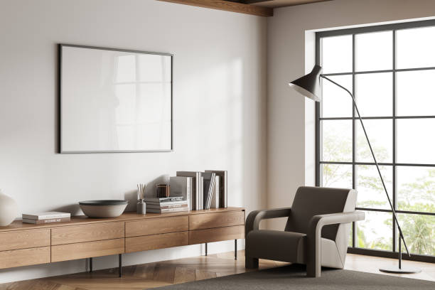 istock White relax room interior sideboard and armchair near window, mockup frame 1511998322