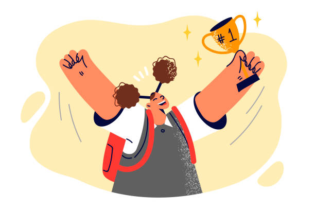 ilustrações de stock, clip art, desenhos animados e ícones de schoolgirl with golden cup celebrates victory in school olympiad and raises hands up - child prodigy