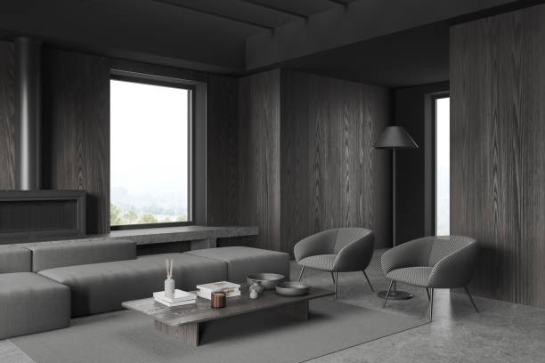 istock Grey living room interior with couch and armchairs with coffee table, window 1512000980