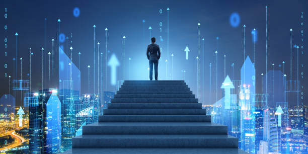 istock Man on staircase looking at night wireframe city 1512002579