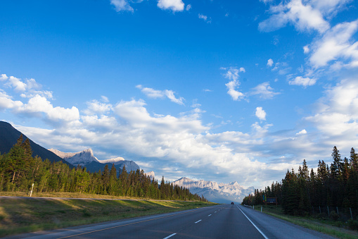Trans-Canada Highway in the beautiful wilderness landscape of the Canadian Rockies of Banff National Park in Alberta, Canada.