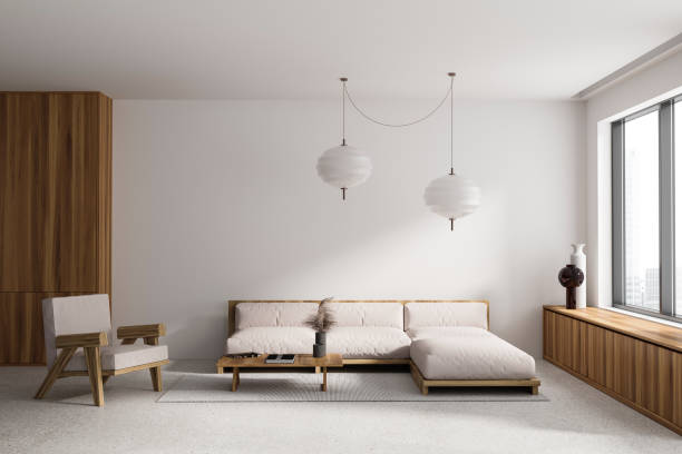 istock Cozy living room interior with couch and armchair, panoramic window 1512010124