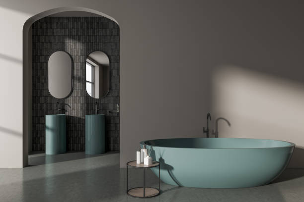 istock Gray bathroom with tub and double sink 1512011733