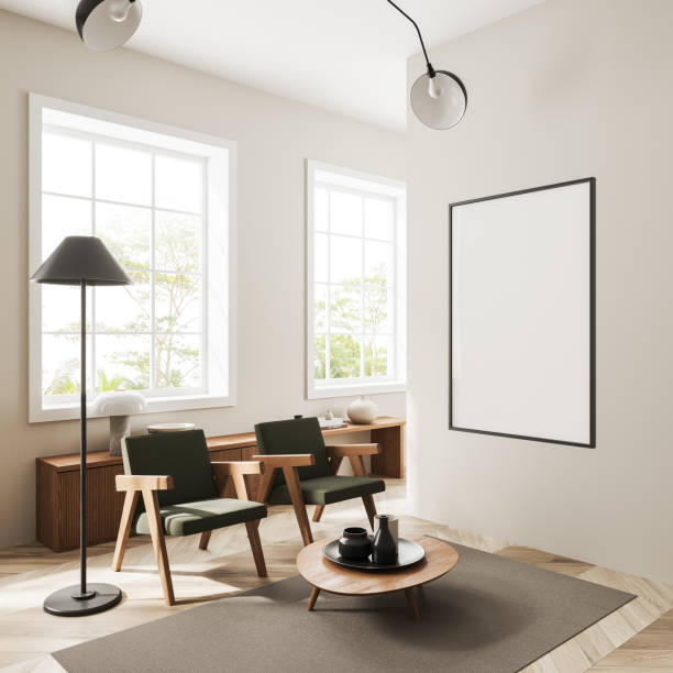 istock Light relax room interior sideboard and armchairs near window, mock up frame 1512015965