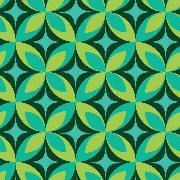 ilustrações de stock, clip art, desenhos animados e ícones de mid century atomic starbursts seamless pattern  on green geometric leaves - lime leaf