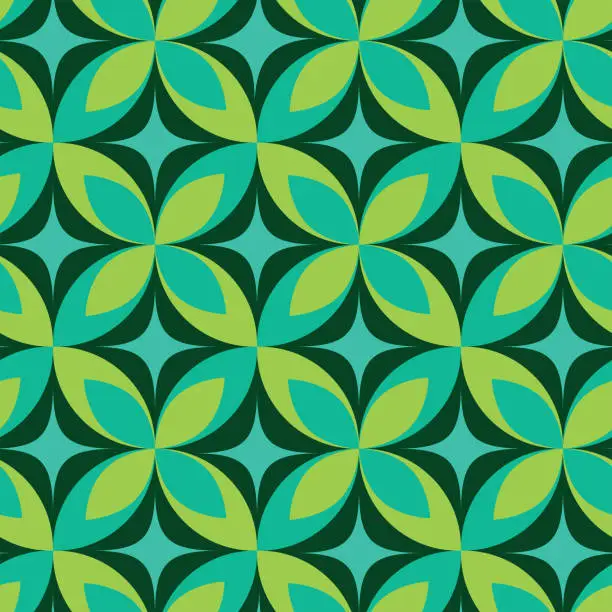 Vector illustration of Mid Century atomic starbursts seamless pattern  on green geometric leaves