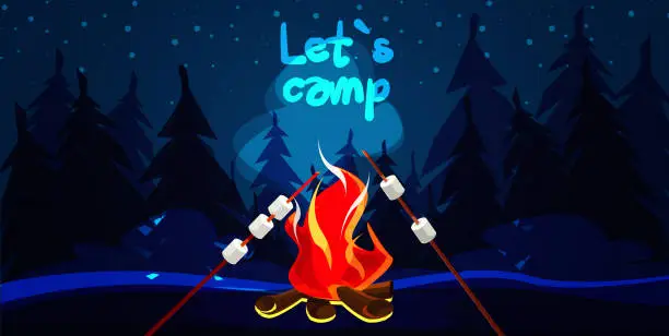 Vector illustration of Camping and hiking concept in flat style. A campfire with a roasted marshmallows against the backdrop of a forest night landscape.