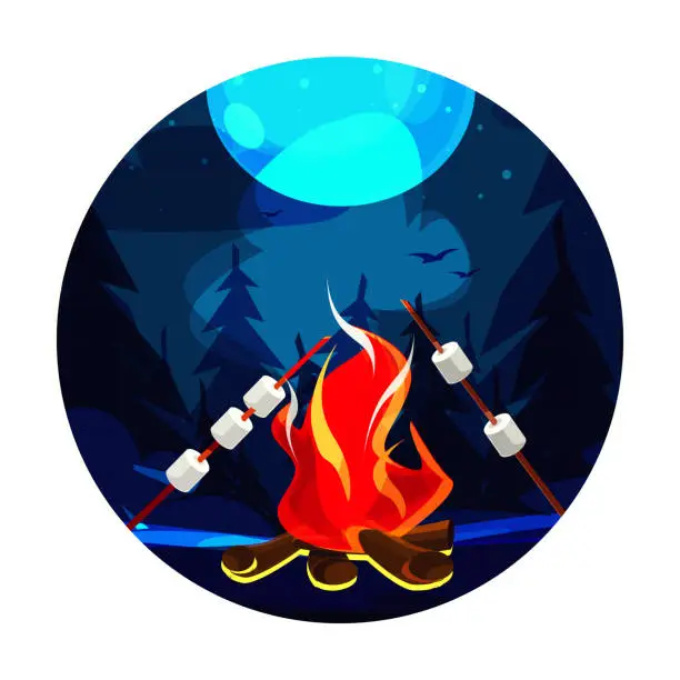 Vector illustration of Camping and hiking concept in flat style. Bonfire with a roasted marshmallows against the backdrop of a night forest landscape with a full moon.