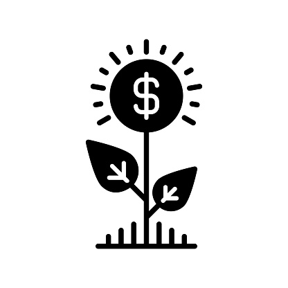 Blossoming wealth black line and fill vector icon with clean lines and minimalist design, universally applicable across various industries and contexts. This is also part of an icon set.