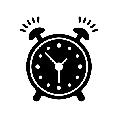 Alarm clock black line and fill vector icon with clean lines and minimalist design, universally applicable across various industries and contexts. This is also part of an icon set.