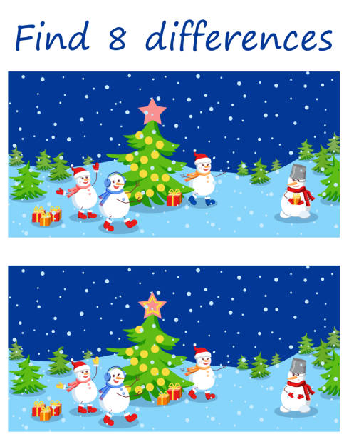 Logic puzzle game. Find 8 differences in Christmas party snowmen. Logic puzzle game. Find 8 differences in Christmas party snowmen. Night winter landscape. Vector illustration for children's development. multiple christmas trees stock illustrations