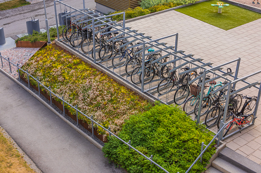 Sweden. Uppsala. 07.04.2023. View of public parking place for bicycles.
