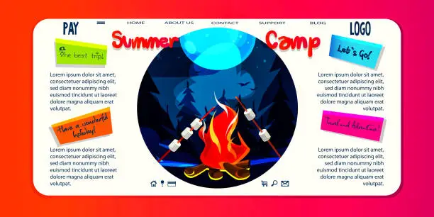 Vector illustration of Camping and hiking concept in flat style. Bonfire with roasted marshmallows against the backdrop of a night forest landscape. Stylish web page or template.