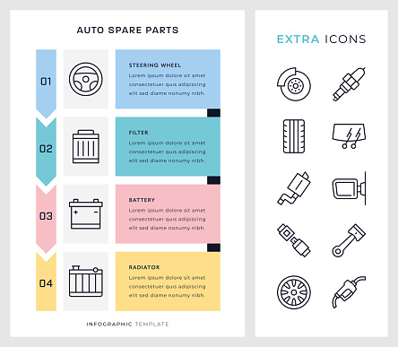 Auto Spare Parts Vertical Four Steps Vector Infographic Template and editable stroke line icon set.