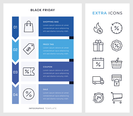 Black Friday Vertical Four Steps Vector Infographic Template and editable stroke line icon set.