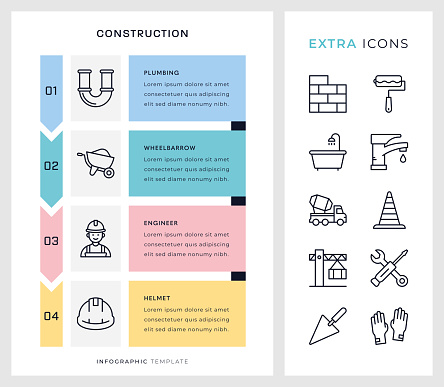 Construction Vertical Four Steps Vector Infographic Template and editable stroke line icon set.