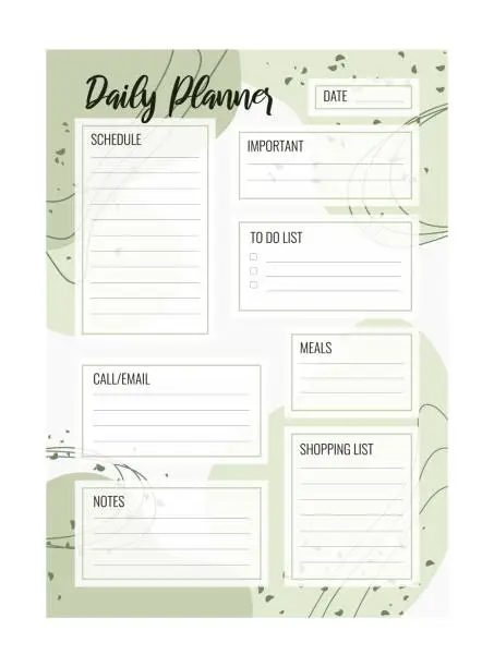 Vector illustration of Daily planner printable vector template. Blank organizer page A4, A5.  Business schedule page for a day for effective planning. Personal notebook. Paper sheet. White background.