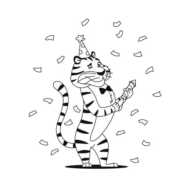 Vector illustration of Happy smiling cute tiger with firework cracker. Coloring book page. Cartoon wild animal character sketch for kids preschool activity. Black and white outline. Worksheet design vector illustration.