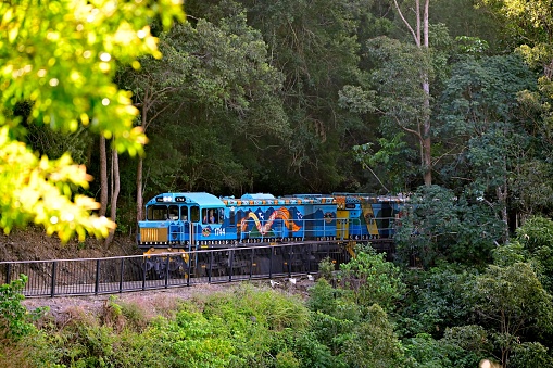 Cairns, Qld - May 22 2023:Kuranda Scenic Railway, a tourist railway service that operates along the heritage-listed Cairns-to-Kuranda railway line in Queensland, Australia.