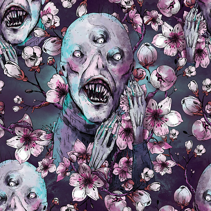 Scary monster seamless pattern with flowers in bloom, spring floral, dark botanica texture