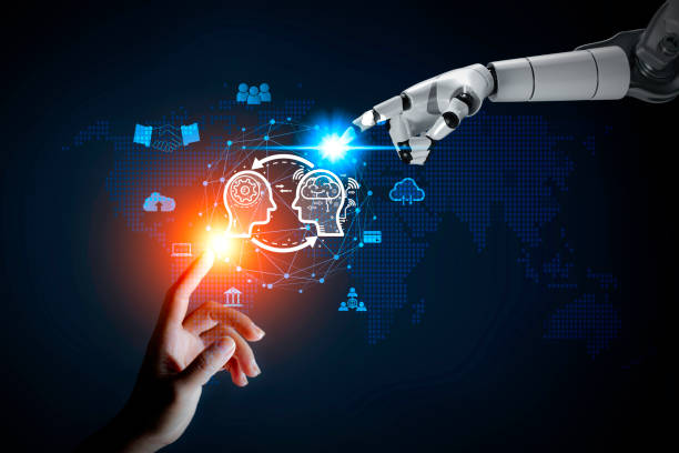 istock AI,Machine learning, Robotic hand and human touch global virtual Icon represents the exchange of artificial intelligence brains with humans. Exchange of human thoughts Network technology connects. 1512220762