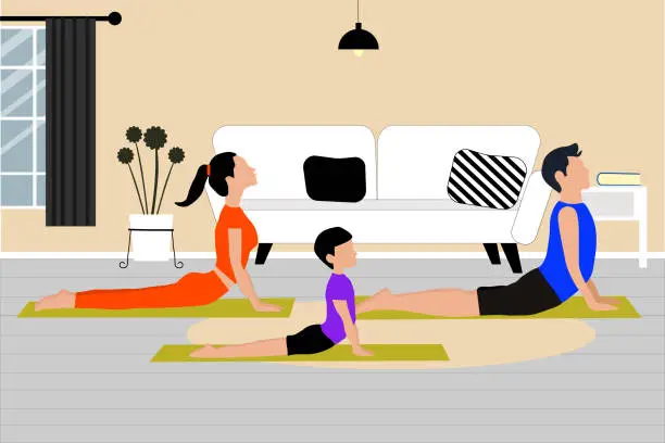 Vector illustration of mom, dad and their kids doing yoga at home