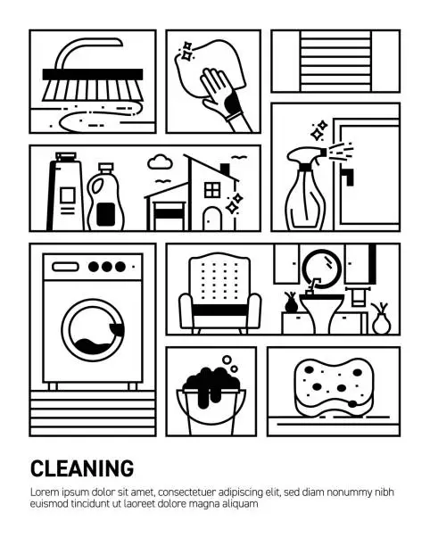 Vector illustration of Cleaning Line icons. Modern graphic desing. Vector line icons. Ready-to-use desing for banner, book, brochure, web. Cleaner , Bucket , Wipe , Cleaning Supplies , Washing , Rubber Glove