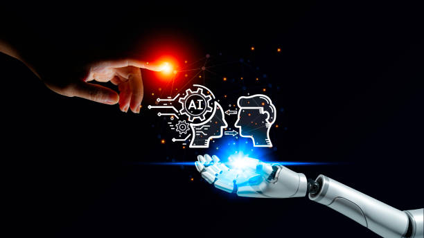 istock AI,Machine learning, Robotic hand and human touch global virtual Icon represents the exchange of artificial intelligence brains with humans. Exchange of human thoughts Network technology connects. 1512228737
