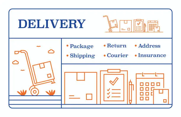 Vector illustration of Delivery Line icons. Modern graphic design. Vector line icons. Ready-to-use design for banner, book, brochure, web. Stylish design crafted in blue and orange color tones.