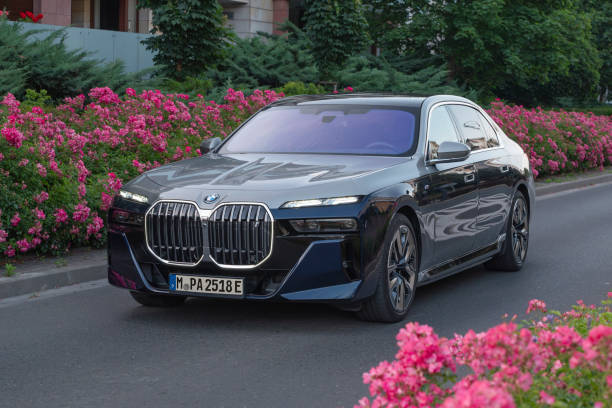Electric BMW limousine on a street stock photo