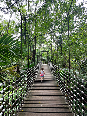 Multiracial, 3 year old girl runs on a suspension bridge with wonder, as she walks through a garden