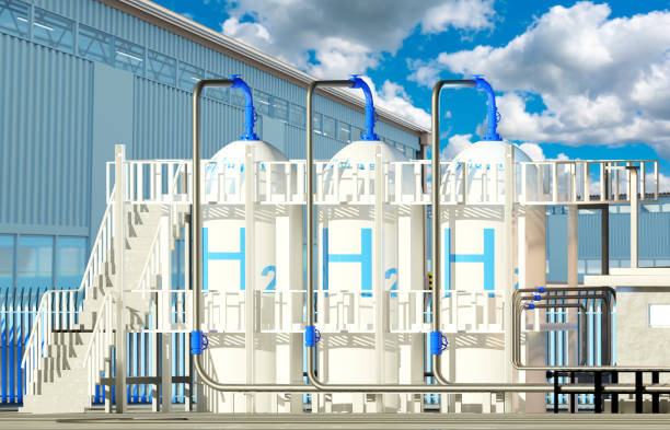 H2 storage. Tanks with hydrogen near factory. Production of gas from H2. Plant for production of hydrogen in sunny weather. Energy industry. Landscape with eco power plant. 3d rendering. H2 storage. Tanks with hydrogen near factory. Production of gas from H2. Plant for production of hydrogen in sunny weather. Energy industry. Landscape with eco power plant. 3d rendering. manufacturing sourcing stock pictures, royalty-free photos & images