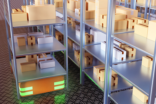Automated guided vehicles for warehouse. Robotized warehouse. Storage company without people. Modern warehouse processes. Automated Guided vehicles transports steering. Robot moves shelves. 3d image