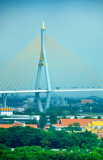 Cityscape view of Bangkok with Bhumibol Bridge 1 is the northern bridge connecting Yan Nawa District, Bangkok and Phra Pradaeng District. It is a cable-stayed bridge with seven lanes also known as the Industrial Ring Road Bridge in Bangkok, Thailand
