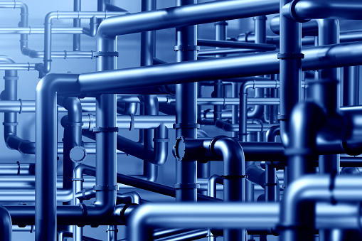 Pipes background. Labyrinth pipeline. Texture of engineering communications. Pipes metaphor of petrochemical industry. Industrial background. Pattern pipes for design. Chemical pipeline. 3d image