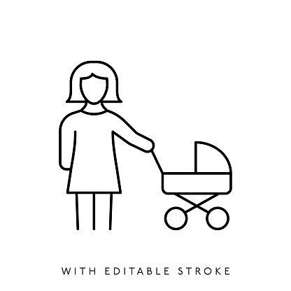 Mother pushing baby stroller line icon. Editable stroke