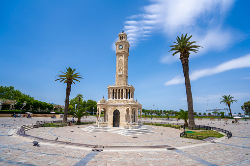 Izmir Clock Tower is a historic clock tower located at the Konak Square. Izmir, Turkey - July 1, 2023.