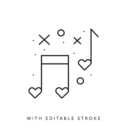 Musical notes and heart shapes line icon Editable Stroke