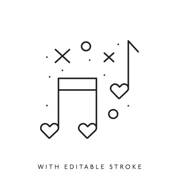 Vector illustration of Musical notes and heart shapes line icon Editable Stroke
