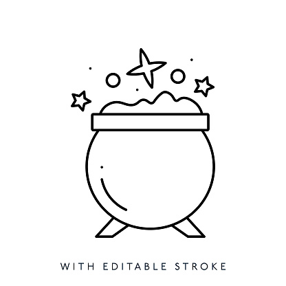 Witches pot with boiling magic poison line icon Editable Stroke