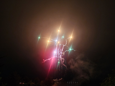 Multi colored fireworks blasting off in the night sky and looking like they are falling back down.