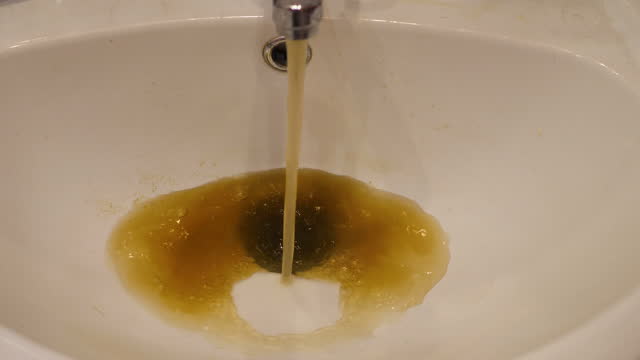 Dirty water is pouring from the tap in the apartment into the sink. An accident on the water supply, rusty dirty water flows down the drain in the sink in the bathroom.