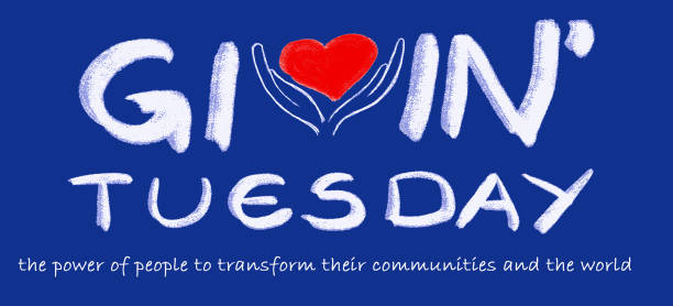 Giving Tuesday web banner Give, Help, Donation, Support, Volunteer concept with red heart in hands and text Giving Tuesday on blue background. giving tuesday stock illustrations