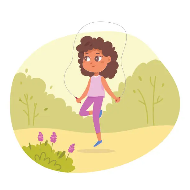 Vector illustration of Girl jumping with rope in physical education class outdoor. Child doing active exercise in PE lesson vector illustration. Happy kid skipping and smiling with sports equipment in park