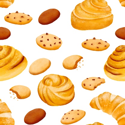 Seamless pattern of fresh delicious crispy sweet cookies and fresh fragrant buns. The pastry with pieces of chocolate and crumbs. yummy. Isolated hand drawn digital watercolor illustration: print
