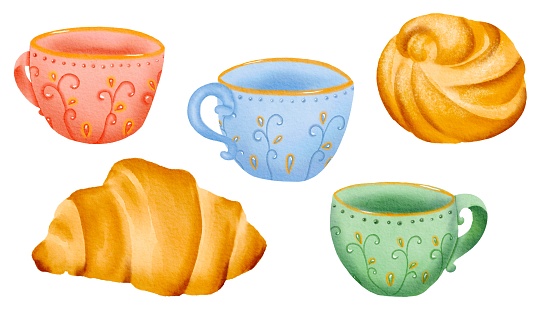 Teatime set. Cozy porcelain cups with gilding keep the warmth of tea and coffee. Croissant buns are fresh and delicious. Isolated hand drawn digital watercolor illustration: print, textile kitchen