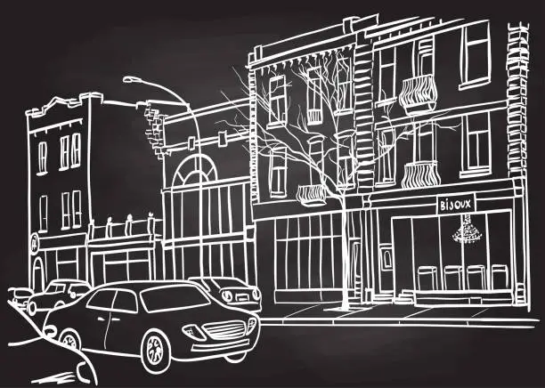 Vector illustration of Building Facades And Busy Cars Blackboard