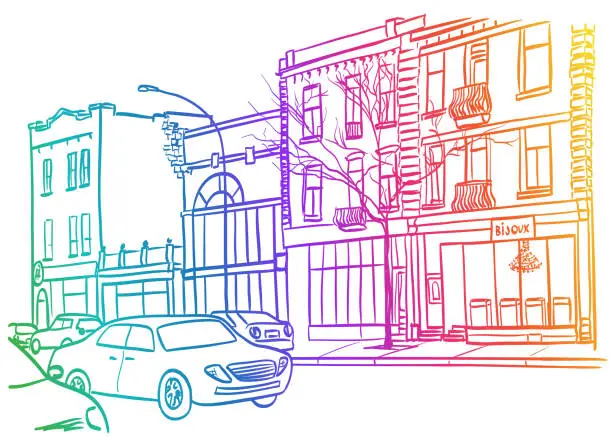 Vector illustration of Building Facades And Busy Cars Rainbow