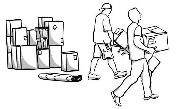 Vector illustration of Moving Boxes And Delivery Men Sketch