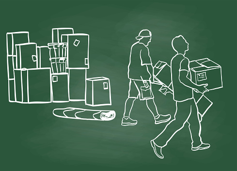 Sketch showing movers and boxes in the process of transporting to a new location. Rough sketch illustration.